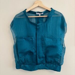 Nellie Partow Chic Teal Sheer Silk Blouse